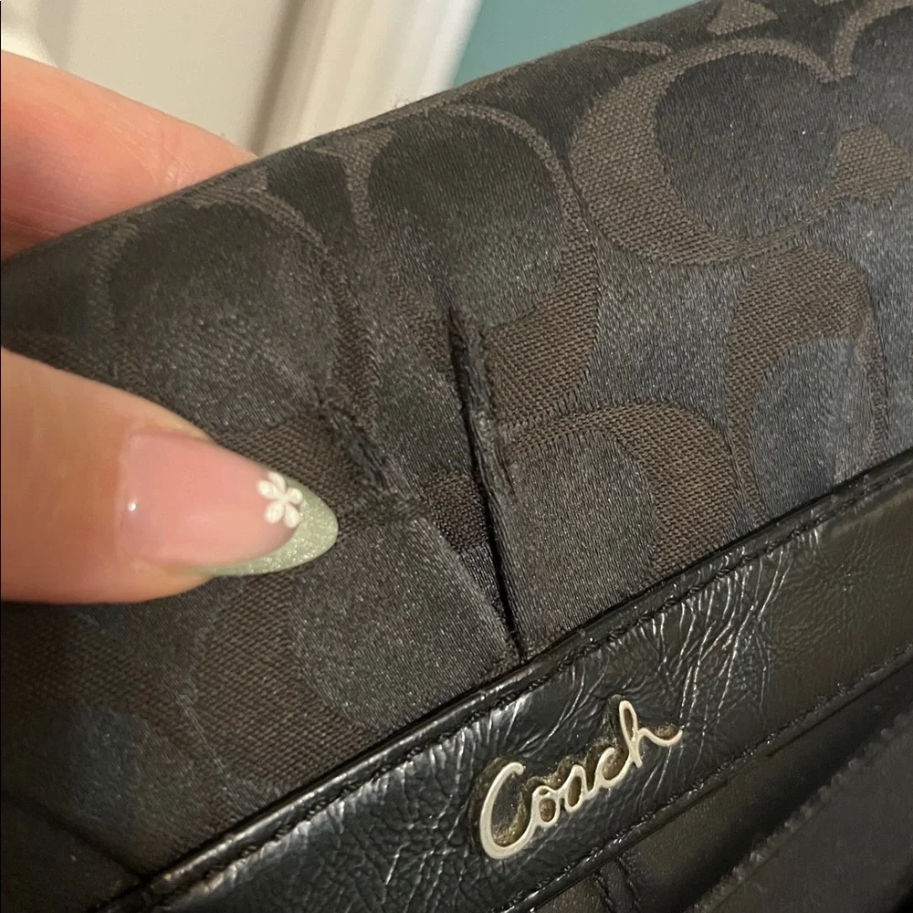 Coach Vintage Ashley Trifold Wallet Black Signature Logo Canvas Leather